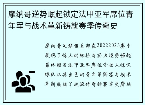 摩纳哥逆势崛起锁定法甲亚军席位青年军与战术革新铸就赛季传奇史 摩纳哥逆势崛起锁定法甲亚军席位青年军与战术革新铸就赛季传奇史