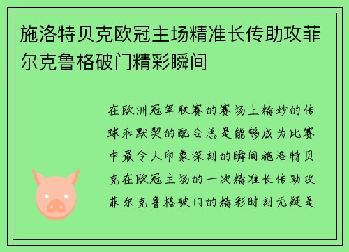 施洛特贝克欧冠主场精准长传助攻菲尔克鲁格破门精彩瞬间