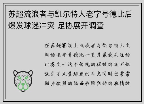 苏超流浪者与凯尔特人老字号德比后爆发球迷冲突 足协展开调查 苏超流浪者与凯尔特人老字号德比后爆发球迷冲突 足协展开调查