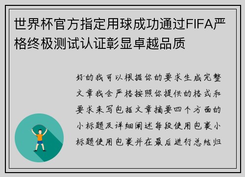 世界杯官方指定用球成功通过FIFA严格终极测试认证彰显卓越品质